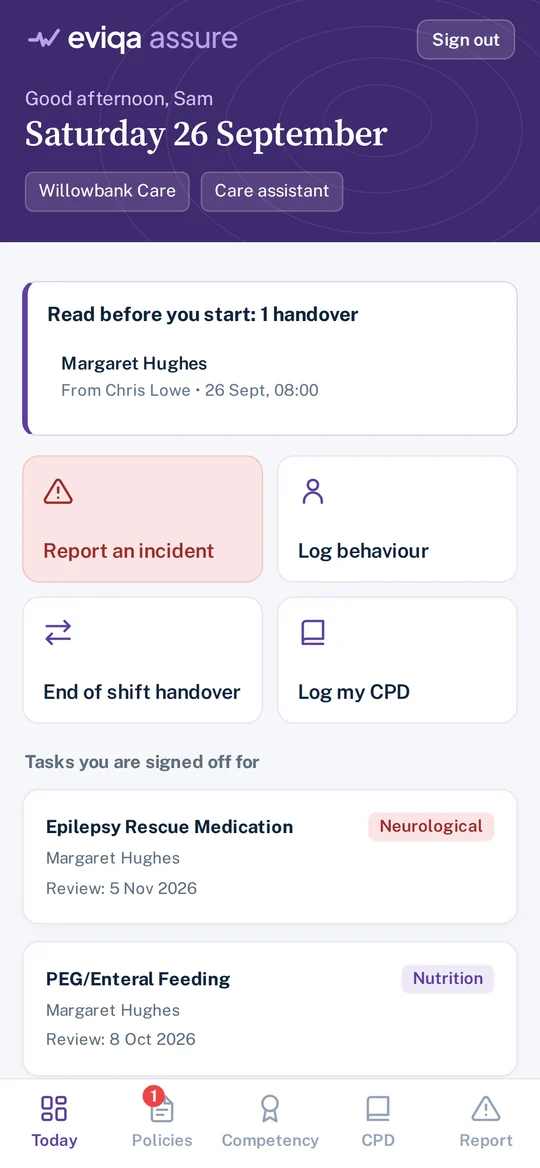 Eviqa Assure on a carer's phone with a handover to read before starting the shift