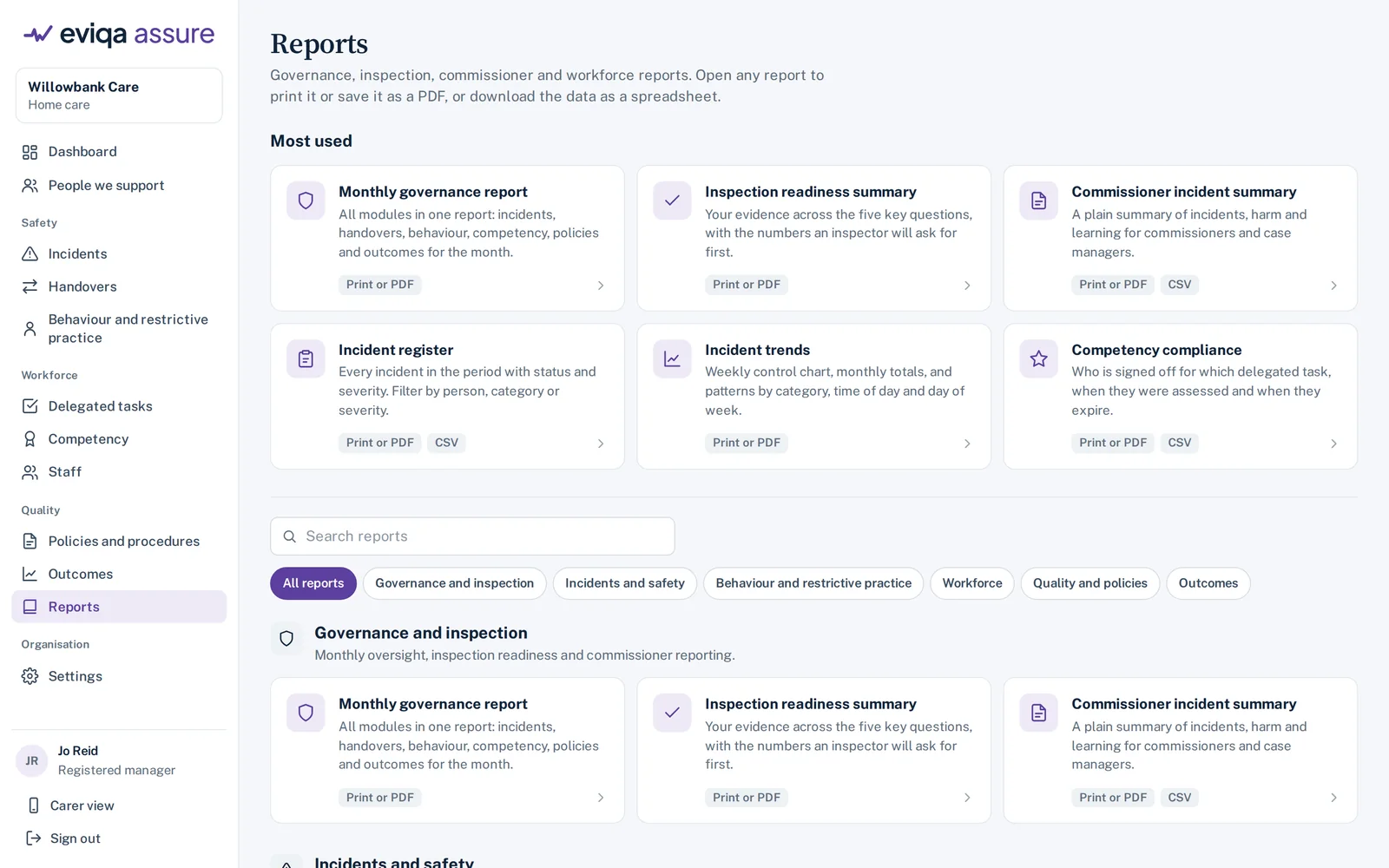 The Eviqa Assure reports library, grouped into governance, incidents, behaviour, workforce, quality and outcomes